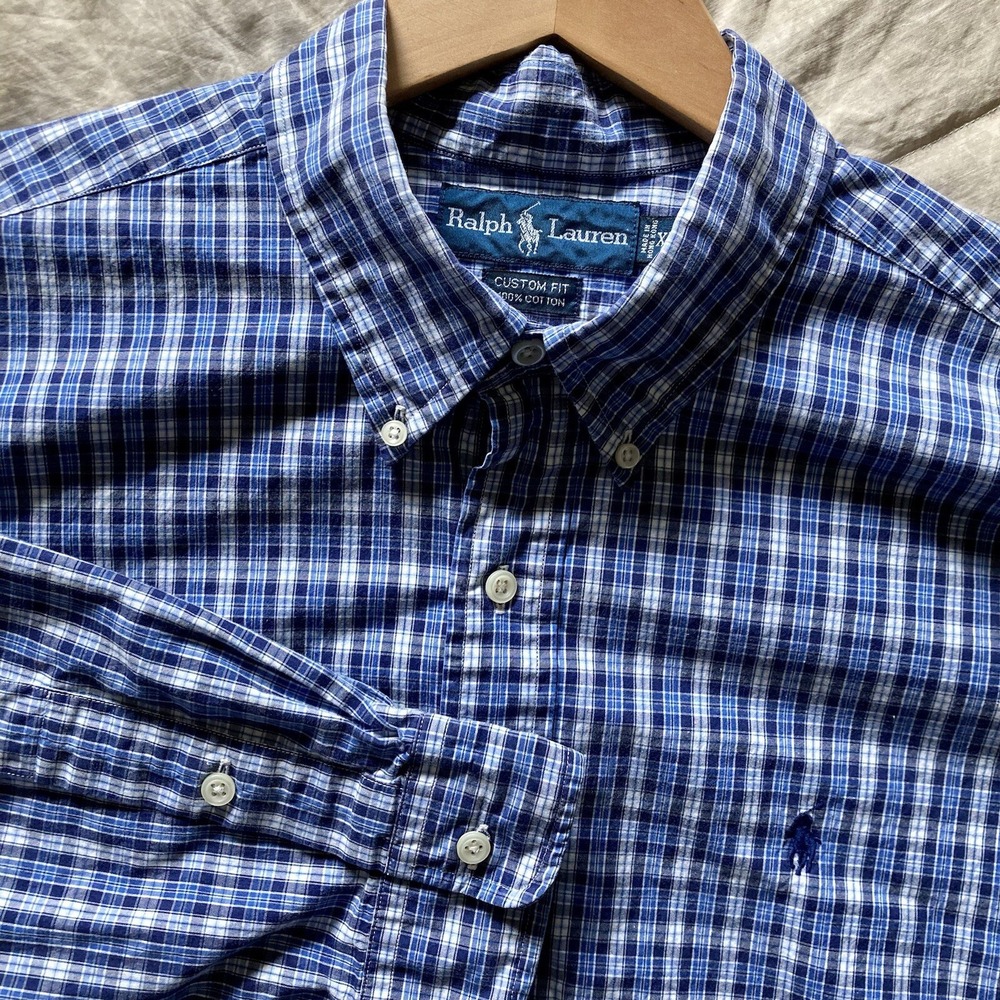 Polo Ralph Lauren Men XL Custom Fit 100% Cotton L/S Button Down Shirt Blue Plaid